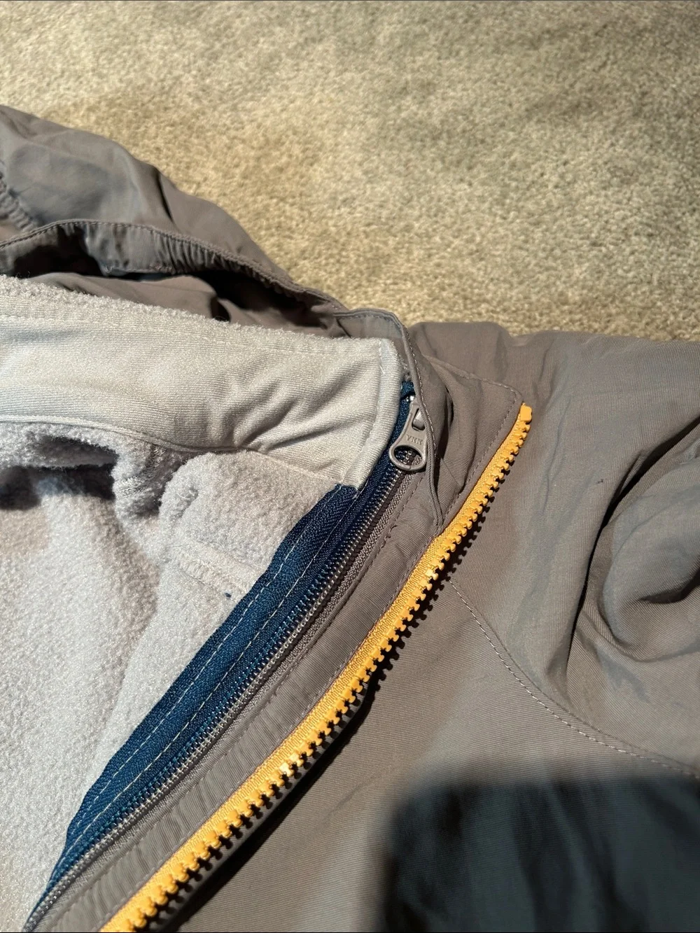L.L. Bean Two-Tone Hooded Puffer Jacket - Gray & Navy with Yellow Zipper